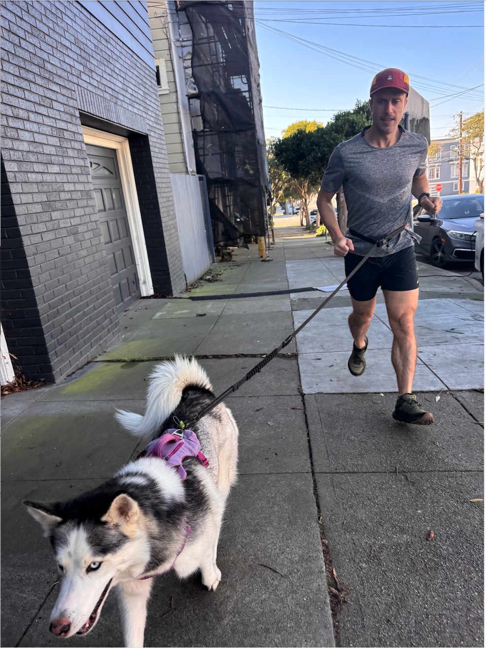 Runner jogging with a husky on a San Francisco street